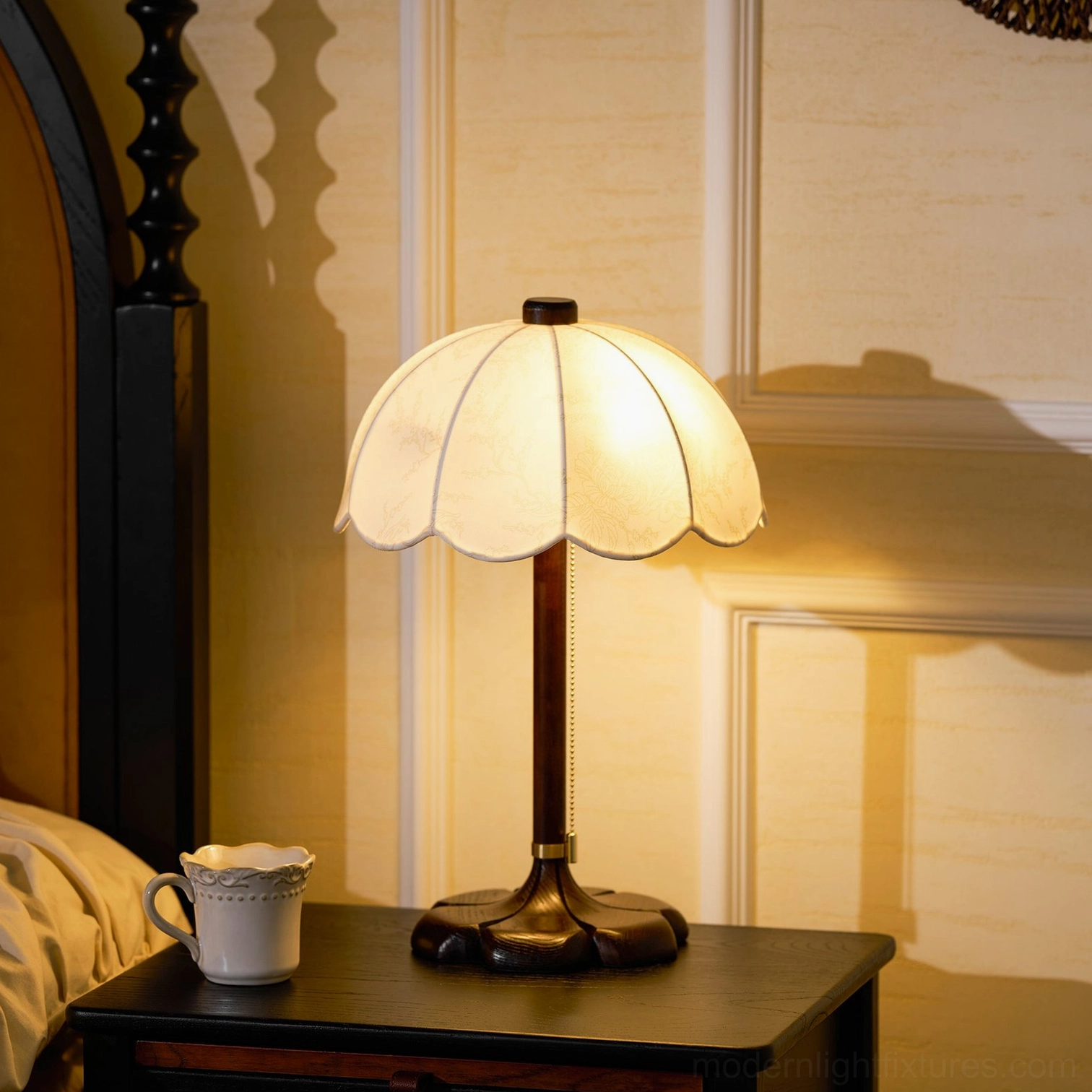 Brazoria scalloped table lamp fabric shade detail showing floral motifs and decorative pattern