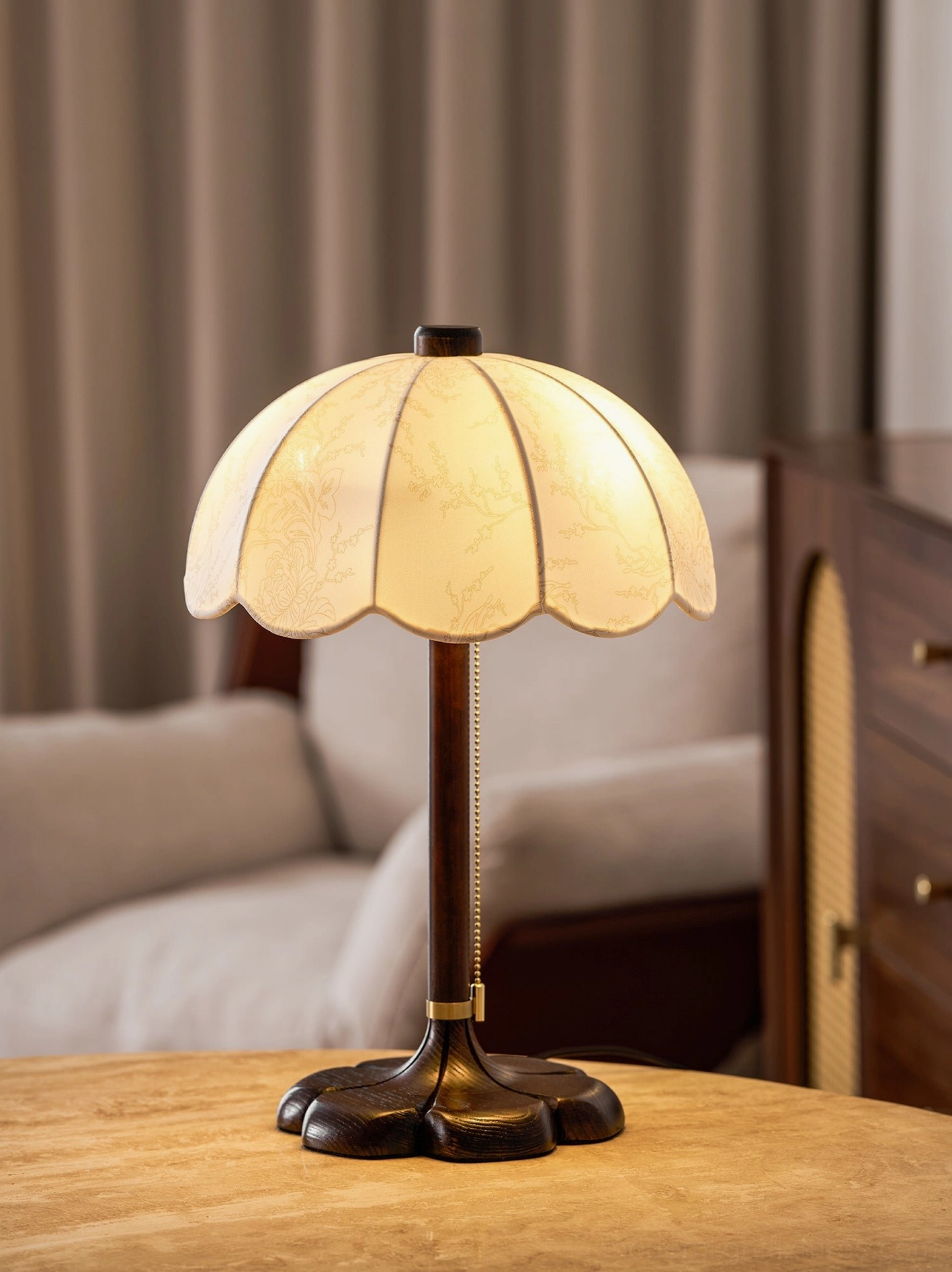 Brazoria vintage table lamp wooden pedestal base showing natural wood grain and craftsmanship