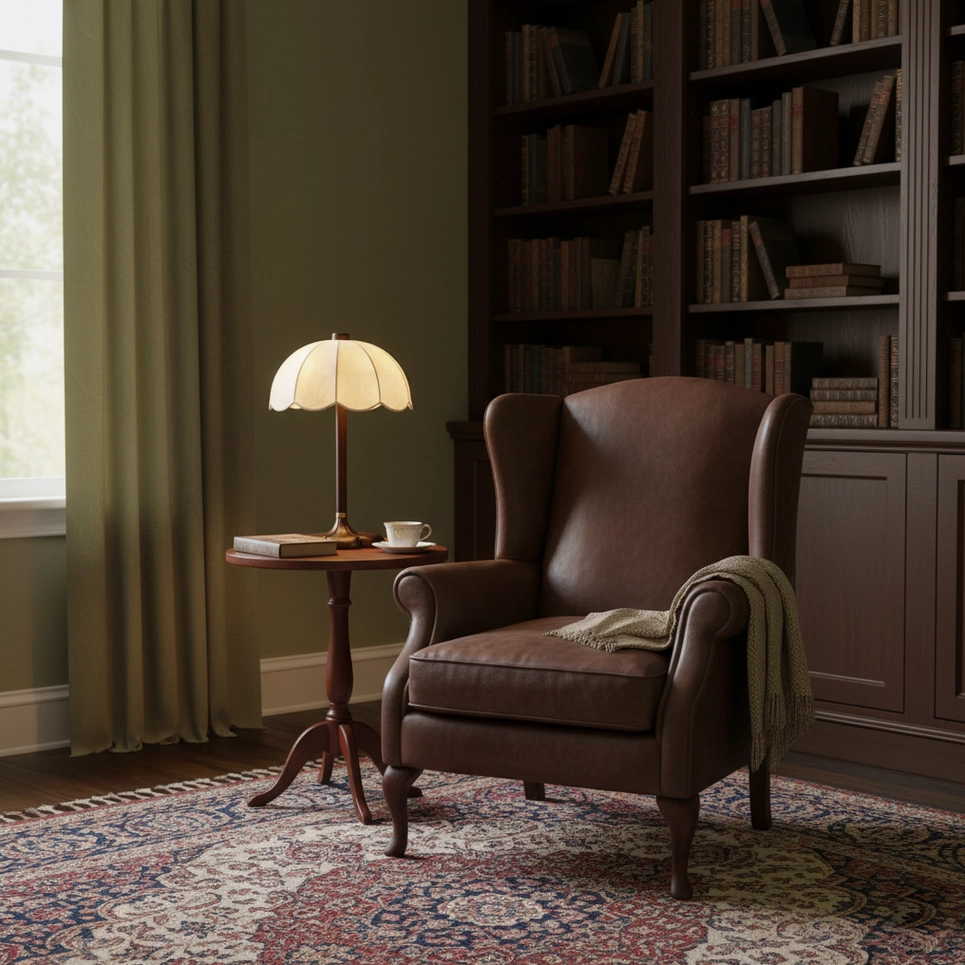Brazoria table lamp providing soft reading light beside leather armchair in home study and lounge area