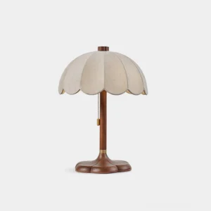 Brazoria scalloped fabric table lamp with floral pattern shade and wooden pedestal base, front view on white background