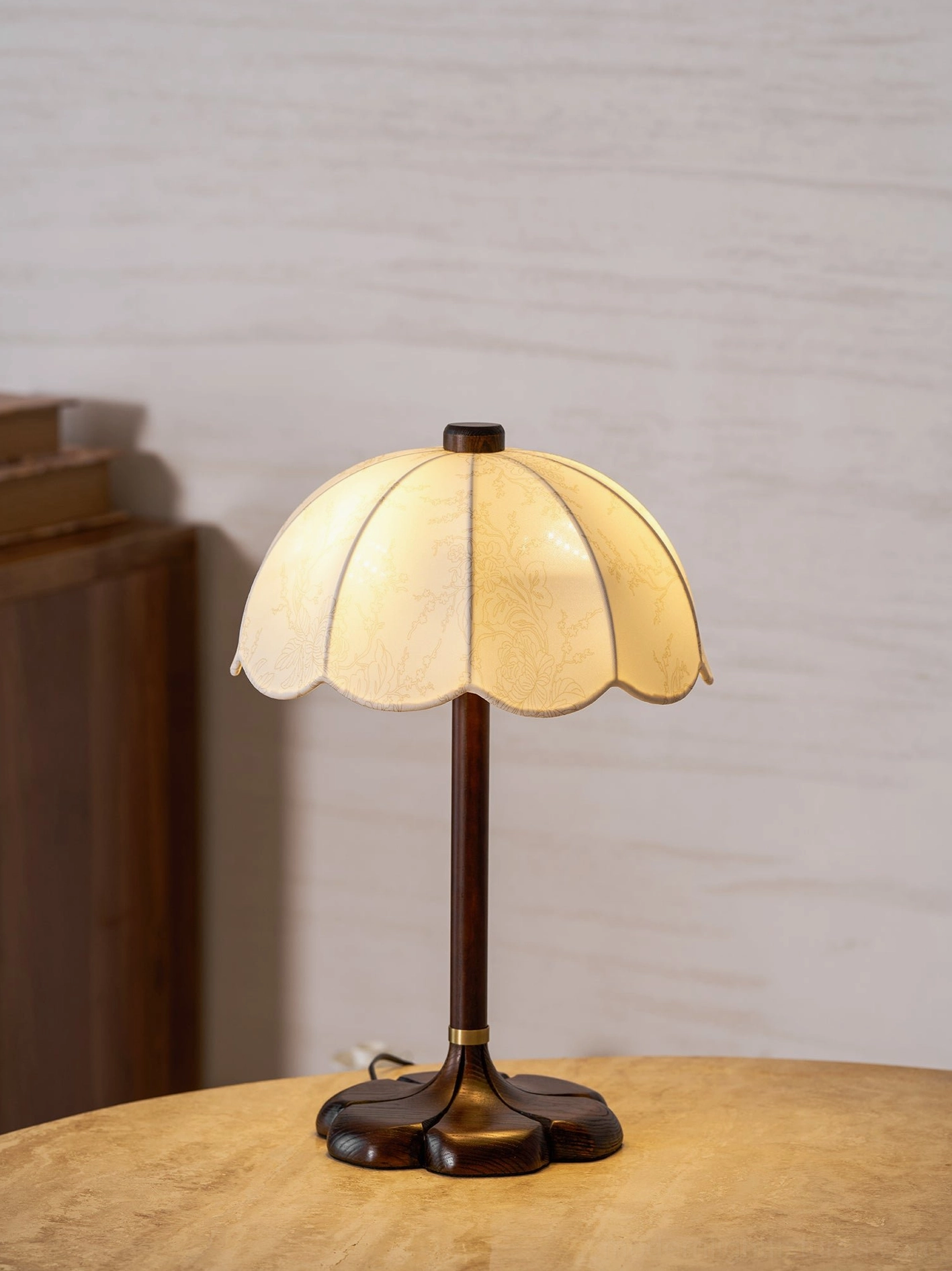 Brazoria scalloped fabric table lamp with wooden base highlighting vintage Arts and Crafts design