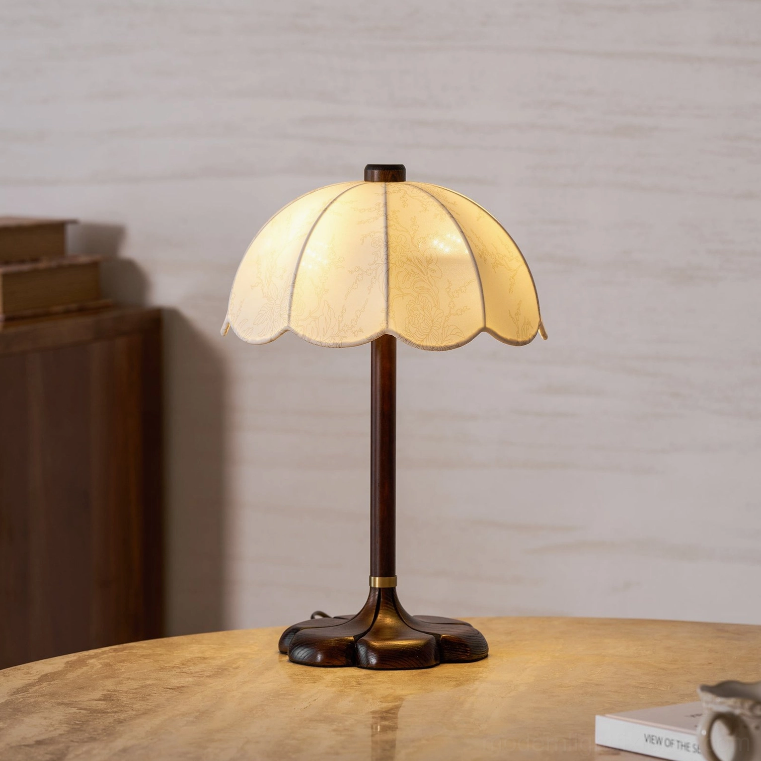Brazoria table lamp with scalloped shade and dimmer compatible switch for ambient lighting control