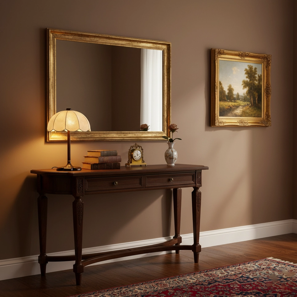Brazoria vintage table lamp with fabric shade on entryway console table near decorative wall mirror