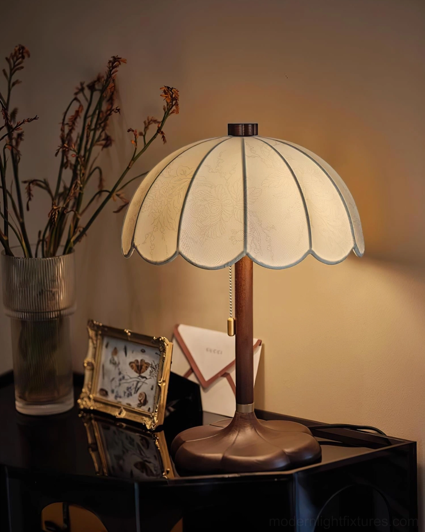 Brazoria vintage table lamp creating warm intimate lighting in traditional home library setting