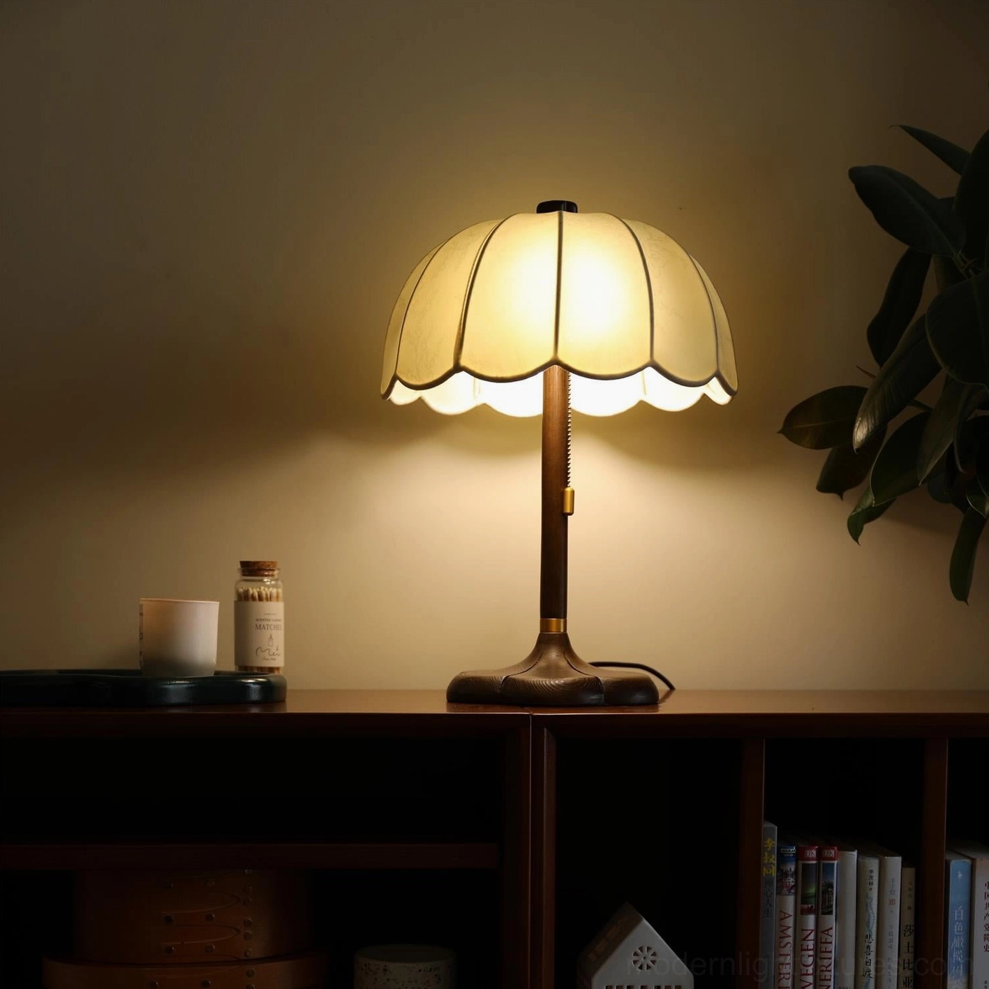 Brazoria scalloped fabric table lamp in walnut color wood finish for transitional interior design