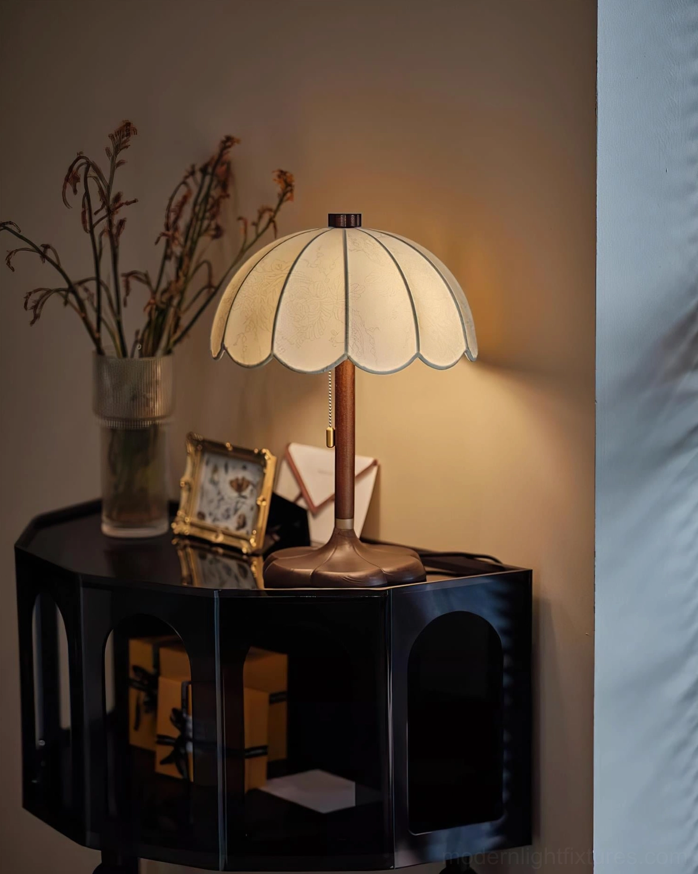 Brazoria vintage table lamp with white fabric shade and wooden base for classic bedroom decor