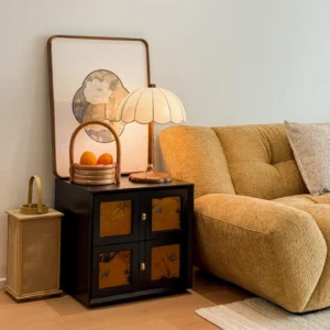 Vintage Brazoria table lamp with scalloped shade displayed on antique console table in living room setting