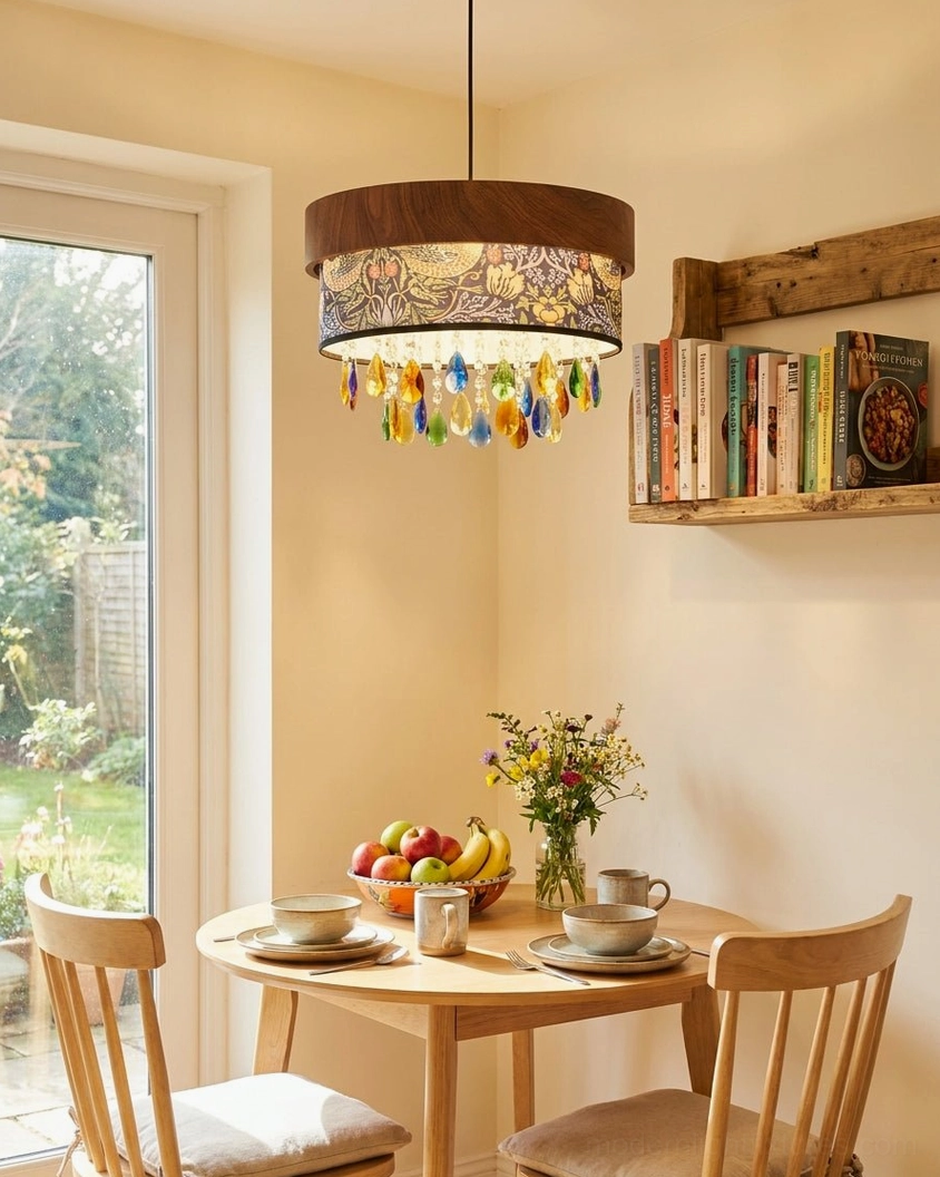 Sunlit breakfast nook with botanical drum pendant over dining table near window, warm rustic style