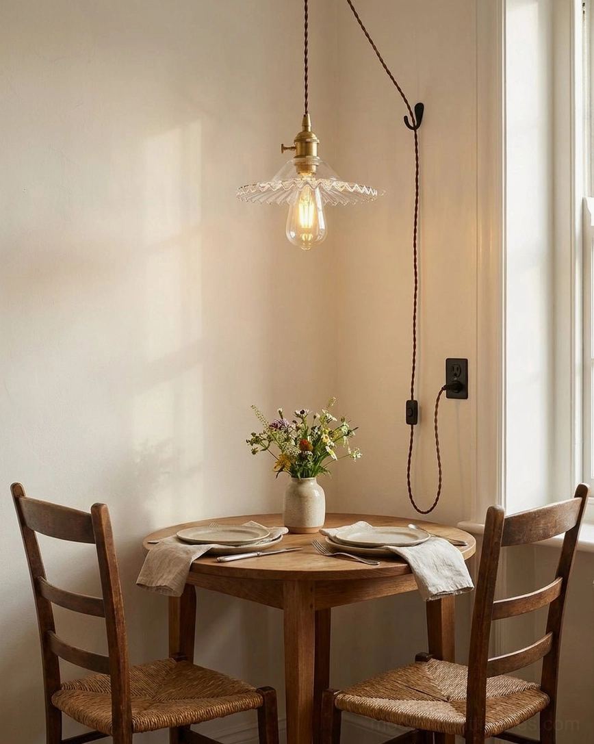 Clear shade pendant light above dining table and wood seating in breakfast nook area