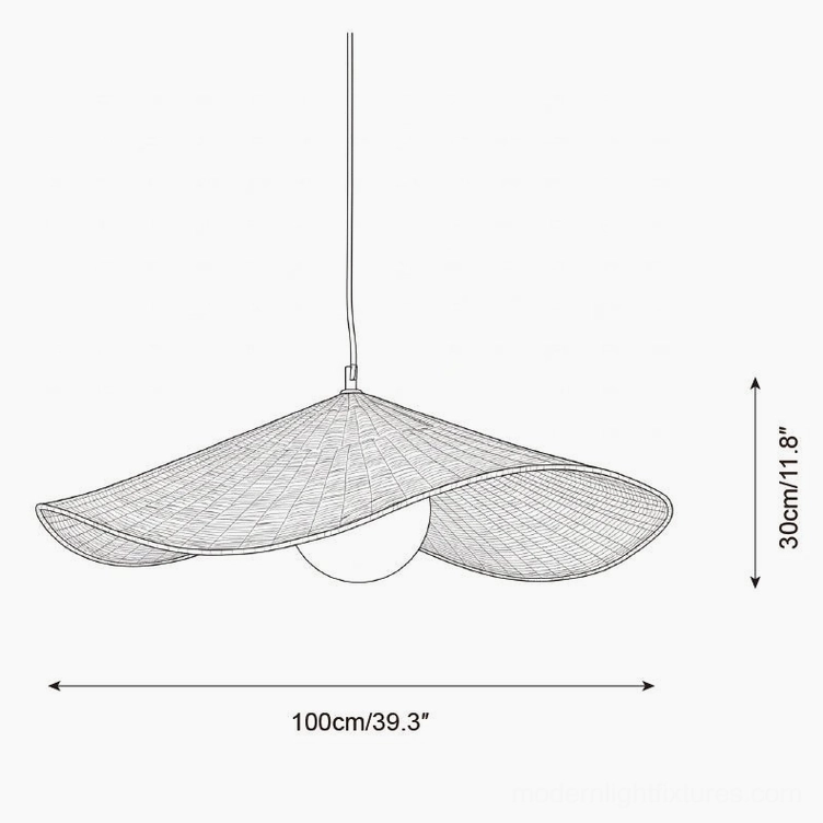 Technical schematic drawing Breezeleaf 100cm diameter rattan pendant lamp dimensions and specifications