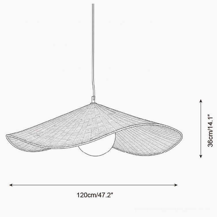 Technical schematic drawing Breezeleaf 120cm diameter rattan pendant lamp dimensions and specifications