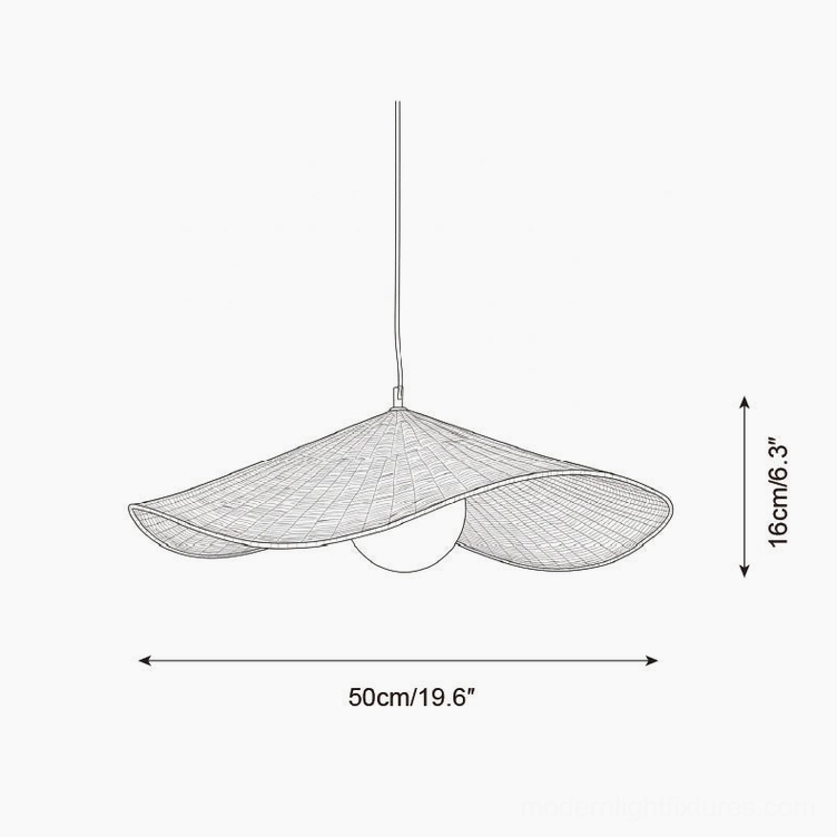 Technical schematic drawing Breezeleaf 50cm diameter rattan pendant lamp dimensions and specifications