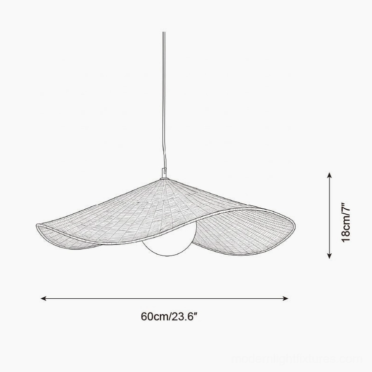 Technical schematic drawing Breezeleaf 60cm diameter rattan pendant lamp dimensions and specifications