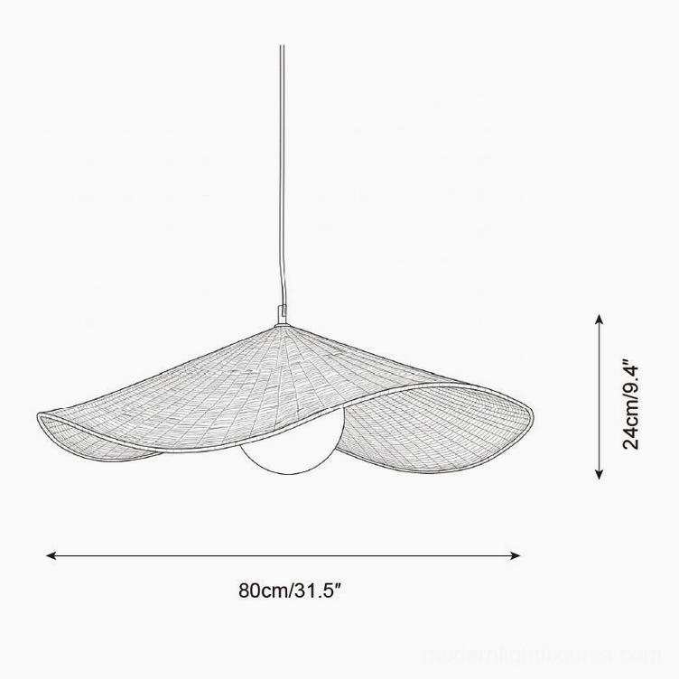 Technical schematic drawing Breezeleaf 80cm diameter rattan pendant lamp dimensions and specifications