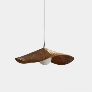 Breezeleaf natural rattan woven pendant light with white metal frame and globe bulb on white studio background