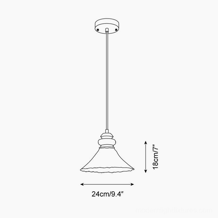 Brenna pendant light Model B technical drawing with sloped crackle glass shade dimensions