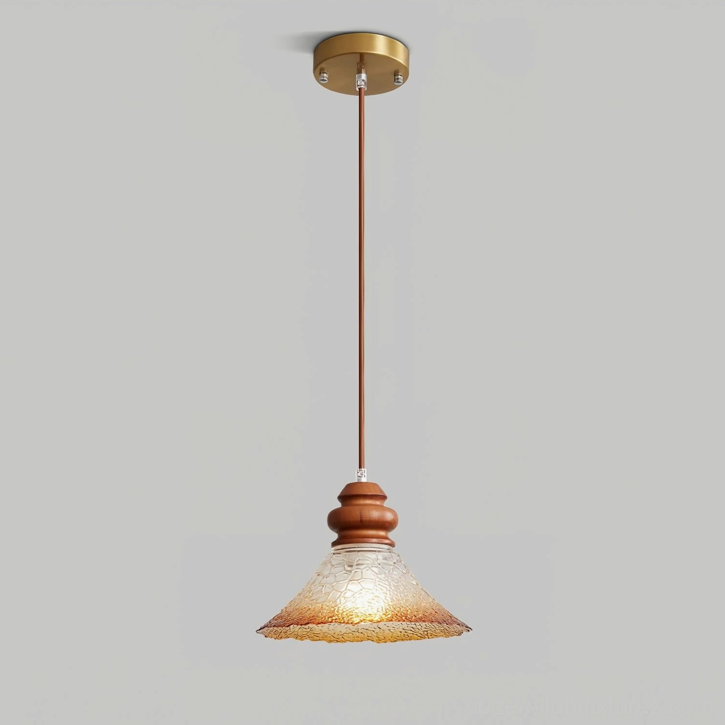 Brenna modern pendant ceiling light with walnut wood neck and gradient amber crackle glass