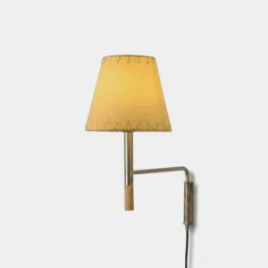 Brenna swing arm wall sconce with white pleated fabric shade and nickel-tone iron arm with wood accent, frontal studio view on white background, mid-century modern design