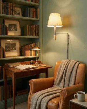 Brenna swing arm reading sconce mounted in home office workspace, positioned above wooden desk with pleated fabric shade casting warm light, minimalist Scandinavian interior design