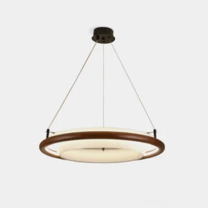 Breno circular LED pendant chandelier with wooden frame and matte black hardware, overhead studio view