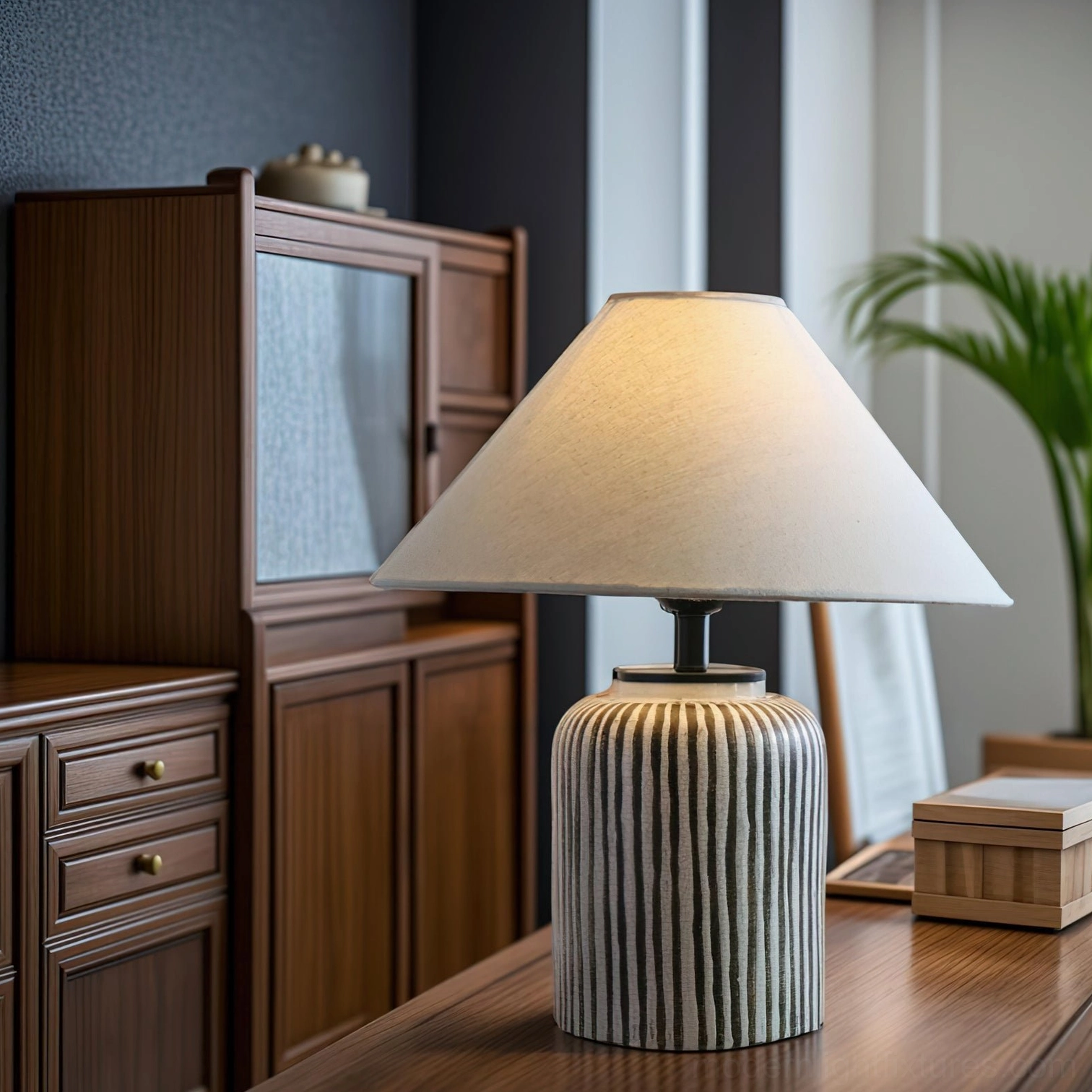 Hand-painted vertical stripe ceramic lamp base with fabric shade creating ambient warm light