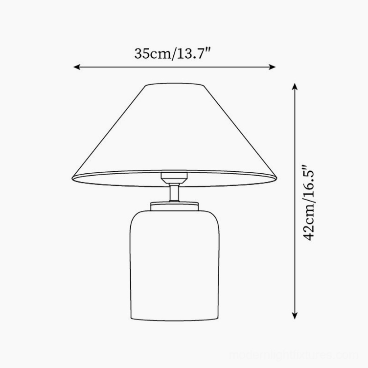 Technical dimension drawing of striped ceramic table lamp showing measurements 35cm diameter by 42cm height