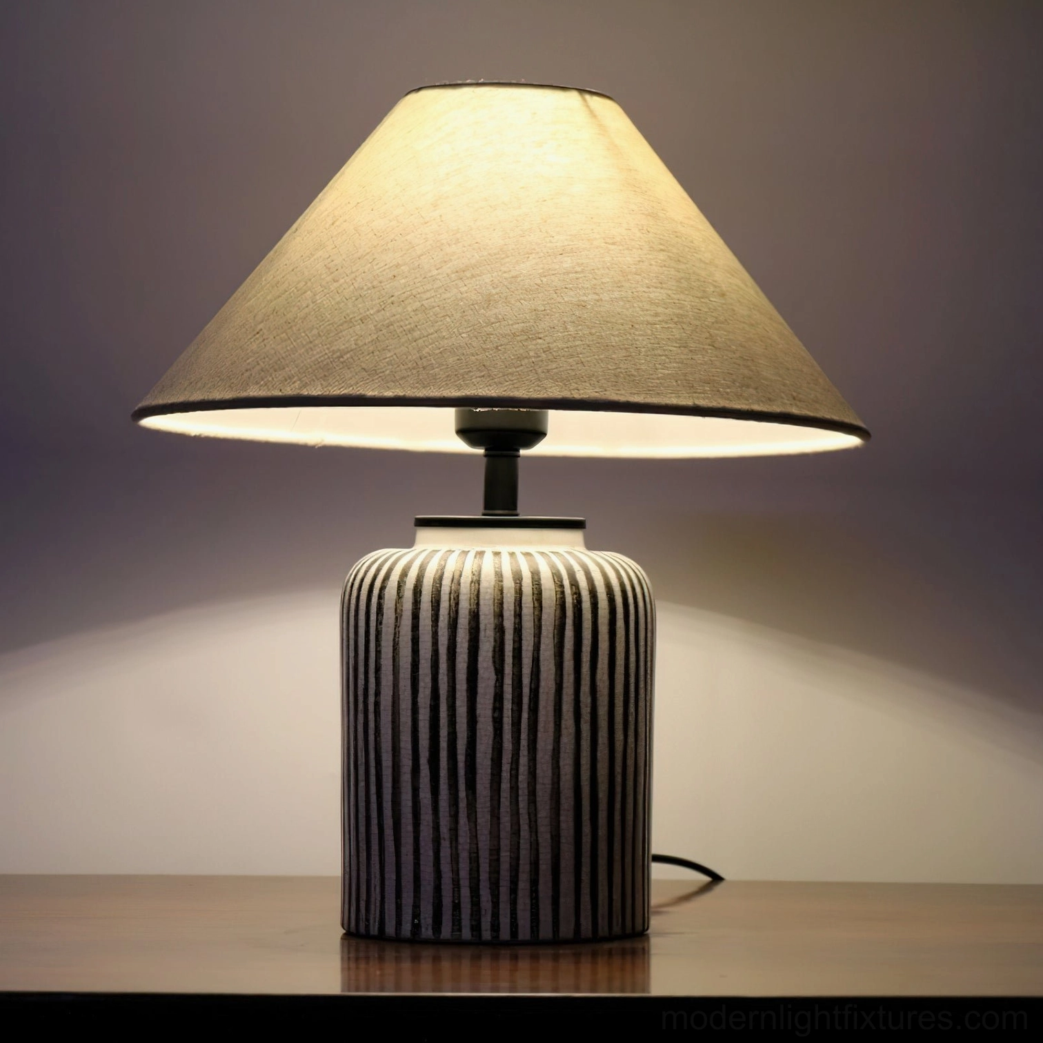 Black and white striped ceramic table lamp with push-button switch and extended cord length