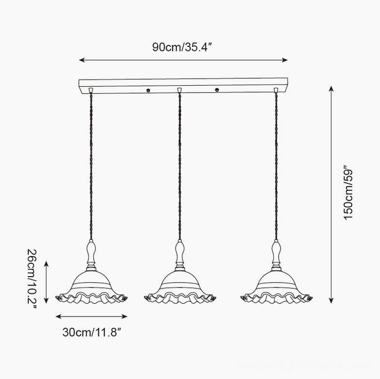 Technical drawing top-down view of 3-head linear Brielle pendant fixture, 90cm length configuration