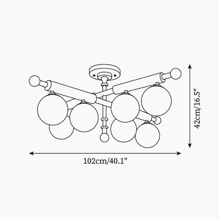 Briette 6-light sputnik ceiling light technical drawing showing 102cm length 42cm height specifications