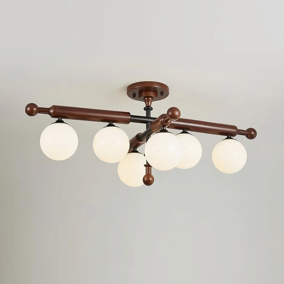 Briette 6-head sputnik globe ceiling light with walnut wood branches and frosted milk glass globes
