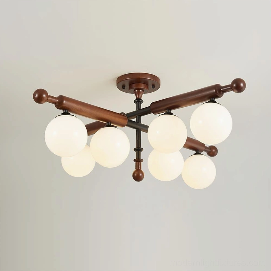 Briette 7-light sputnik ceiling fixture with walnut wood arms and milk glass globe shades, front view