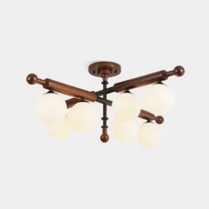 Briette 8-head sputnik globe ceiling light fixture with walnut wood arms and frosted glass orbs, mid-century modern design