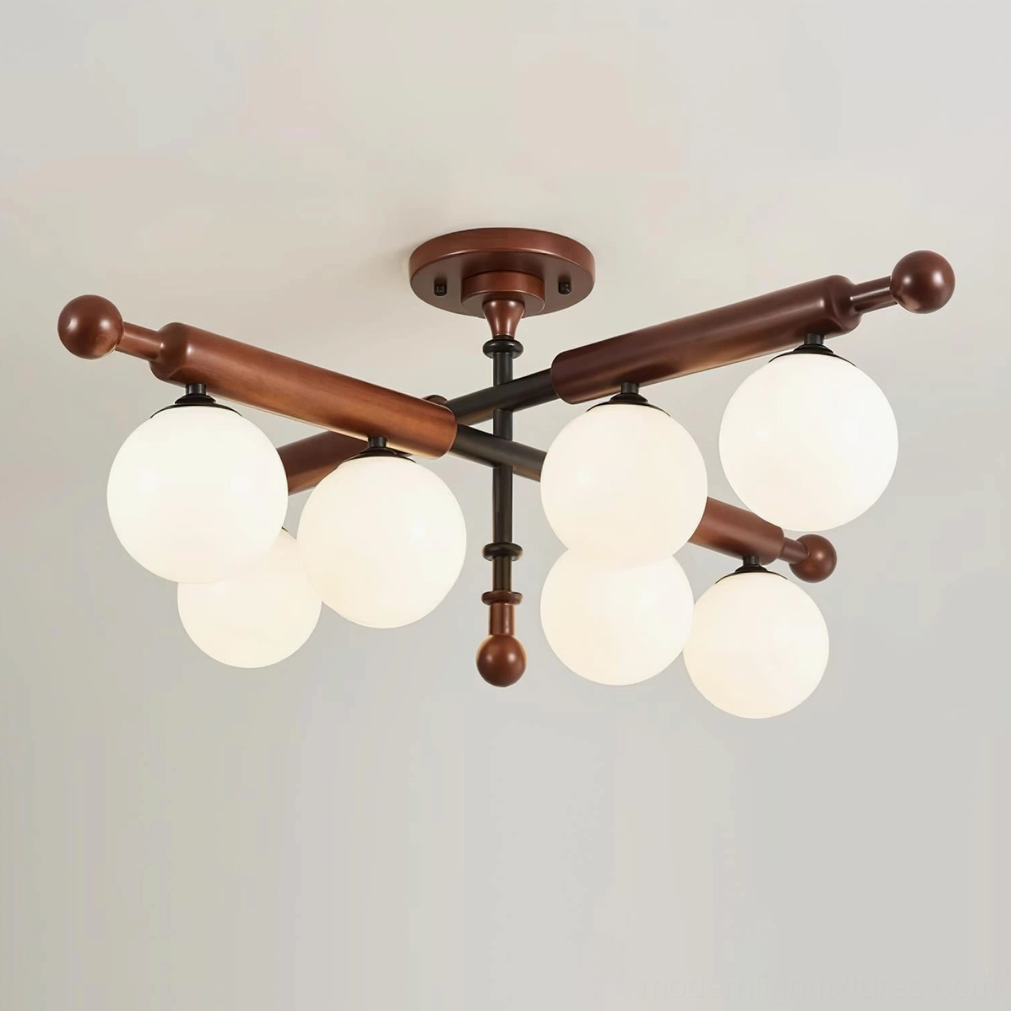 Briette ceiling light fixture with frosted glass globes and elegant wood canopy detail
