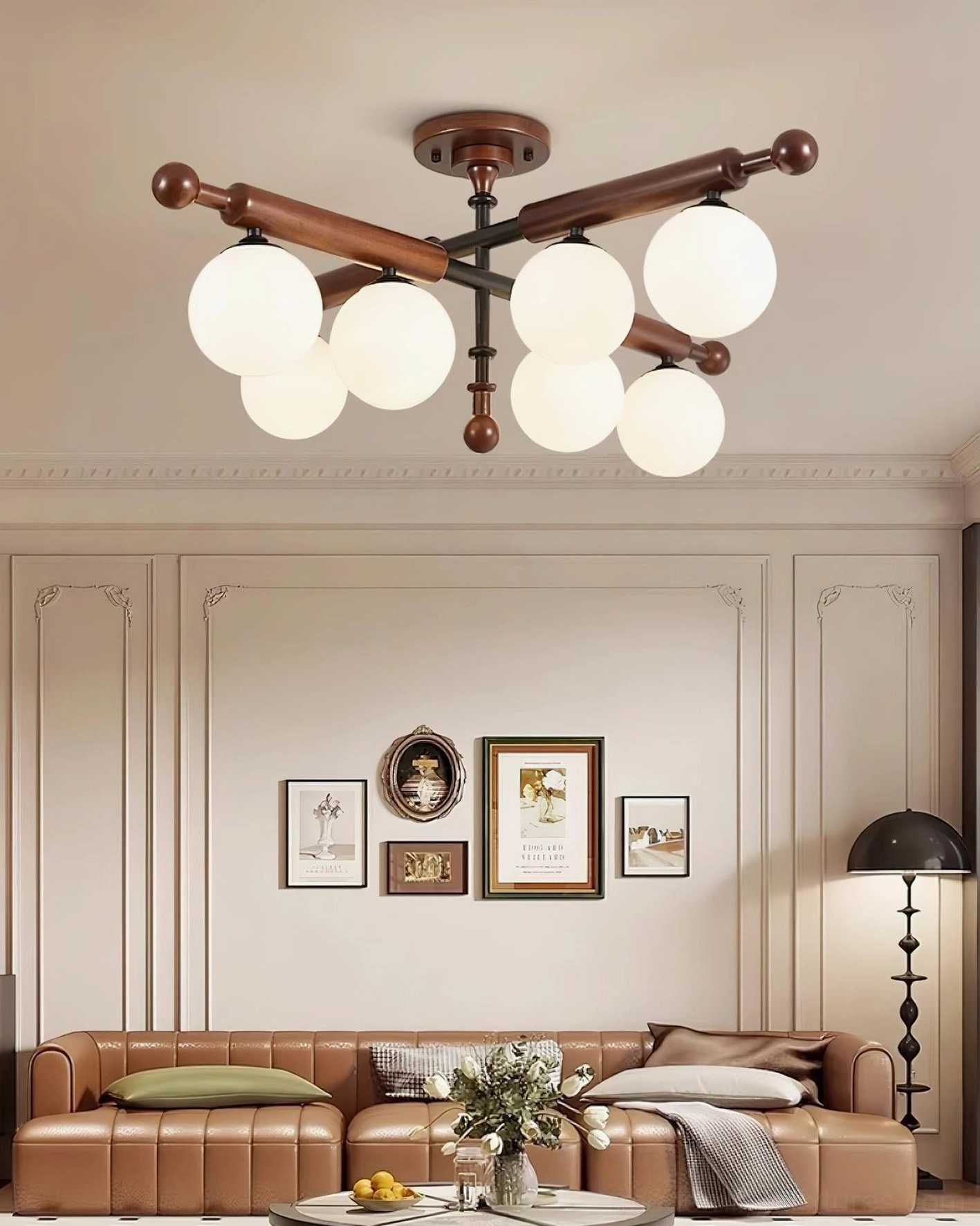Briette mid-century modern globe ceiling light fixture close-up detail of wooden arms and glass orbs