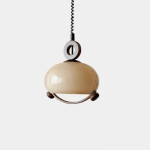 Briette mid-century amber glass pendant light with dark walnut wood ring accent - front view on white background