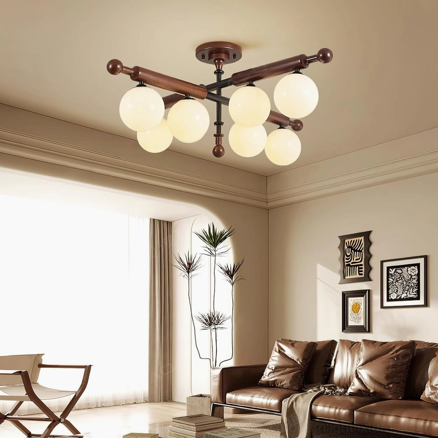 Briette multi-globe sputnik ceiling light illuminated in vintage living room, warm ambient lighting atmosphere
