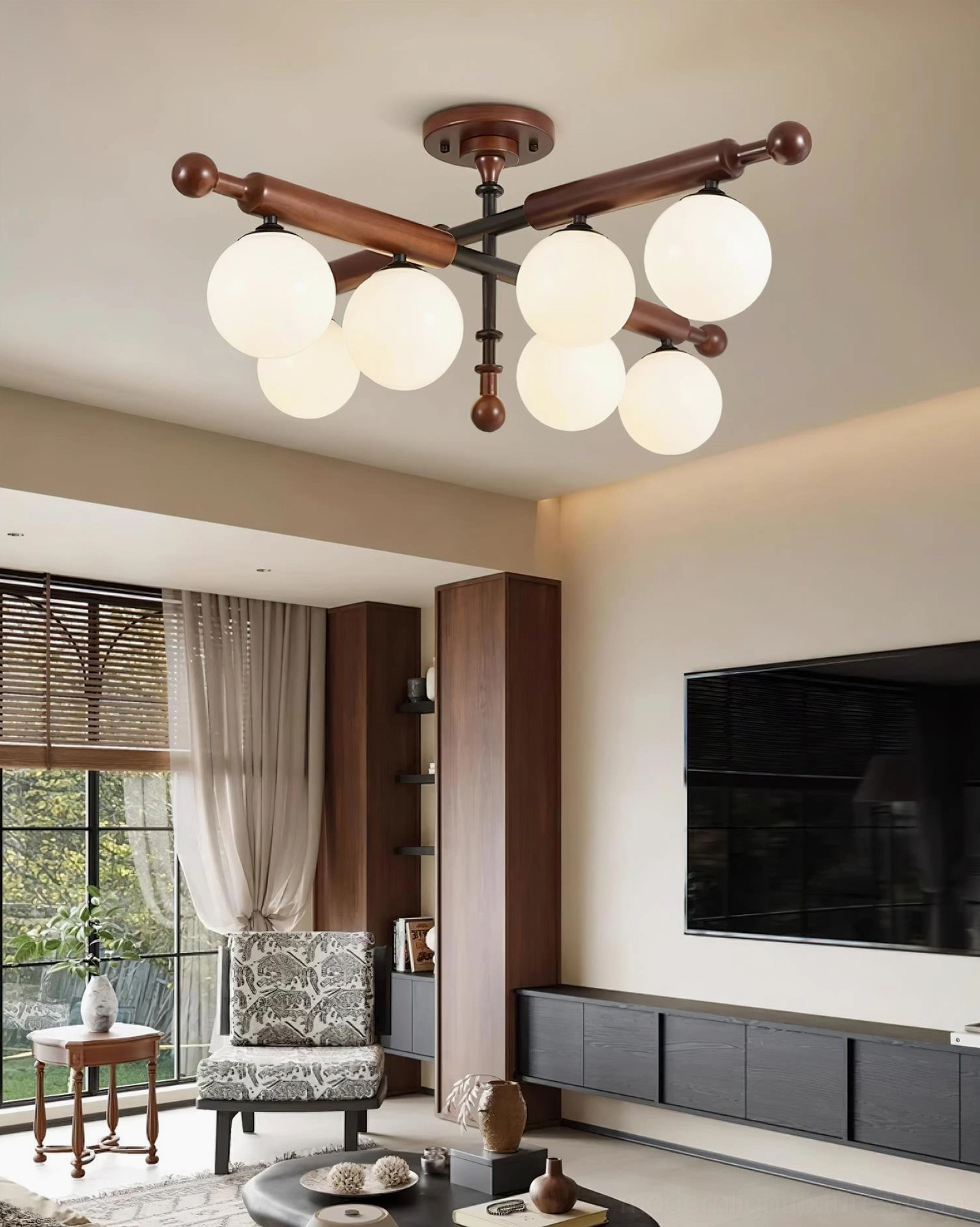 Briette sputnik ceiling light creating warm ambient illumination in modern contemporary TV lounge living room