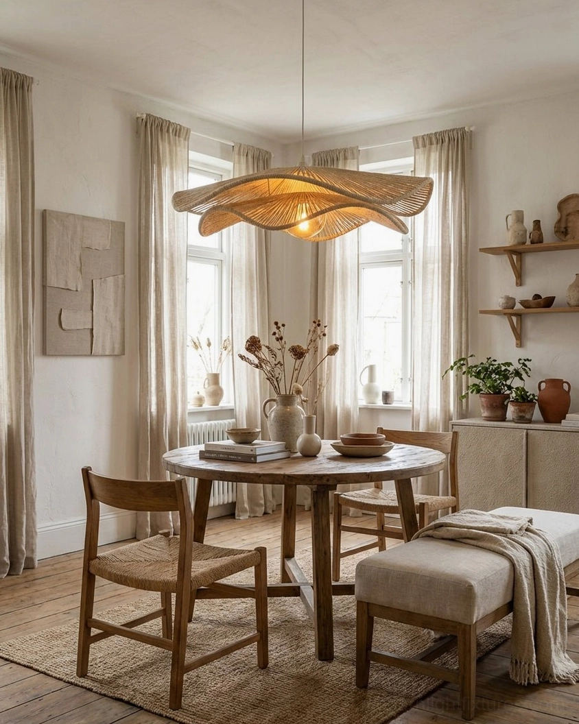 Handwoven hemp pendant light fixture in bright contemporary dining room, sculptural wave form casting artistic shadows, modern home lighting