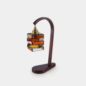 Brikra stained glass table lamp with multicolor glass brick shade and walnut wood frame, front three-quarter studio view