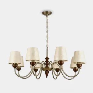 Brimley traditional brass chandelier with capiz shell shades, front-facing product view against white background