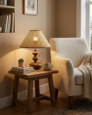 Brimley wooden table lamp with open-weave cane rattan shade in cozy cottage living room setting