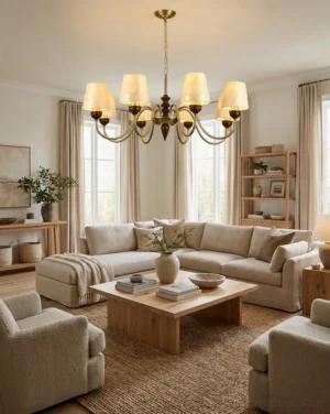 Brimley brass chandelier with walnut wood column and cream capiz shell shades illuminated in modern living room setting