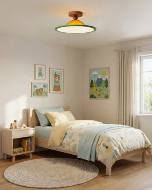 Brimora integrated LED flush mount ceiling light installed in cozy bedroom, warm ambient lighting