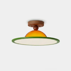 Brimora mushroom flush mount ceiling light with walnut wood sphere and cream acrylic diffuser, studio product shot front view