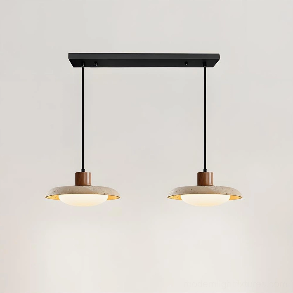 Dual travertine pendant lights L 60cm configuration above dining area with contemporary table setting