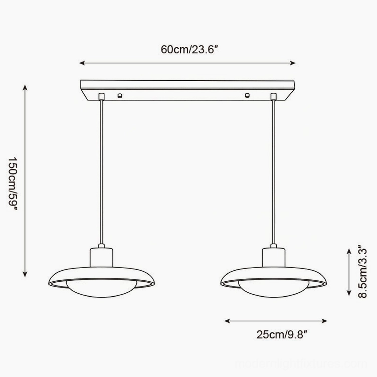 Orthographic technical drawing of dual travertine pendant configuration with 60cm mounting bar, 150cm height