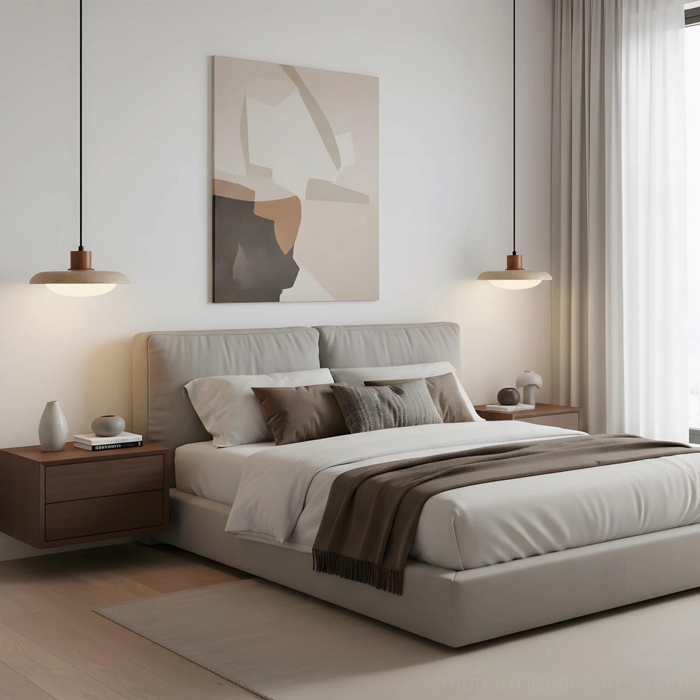 Dual travertine pendant lights as bedside accent lighting in master bedroom with neutral muted decor