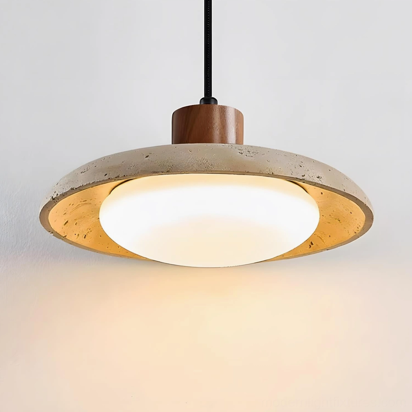 Travertine pendant lamp with integrated LED showing energy-efficient warm white illumination quality