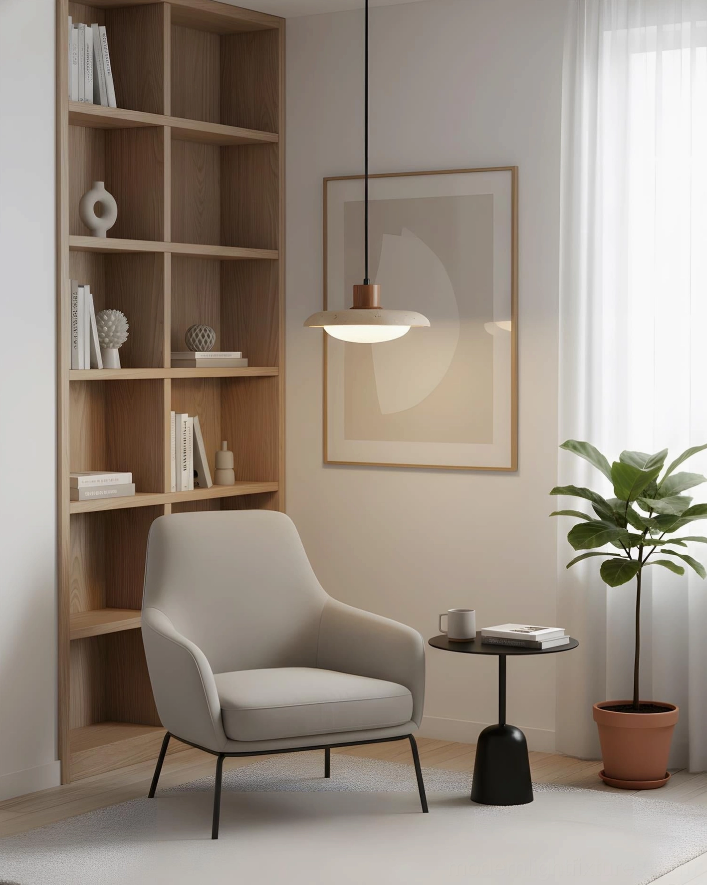Single travertine pendant light suspended above gray armchair in modern living room reading nook