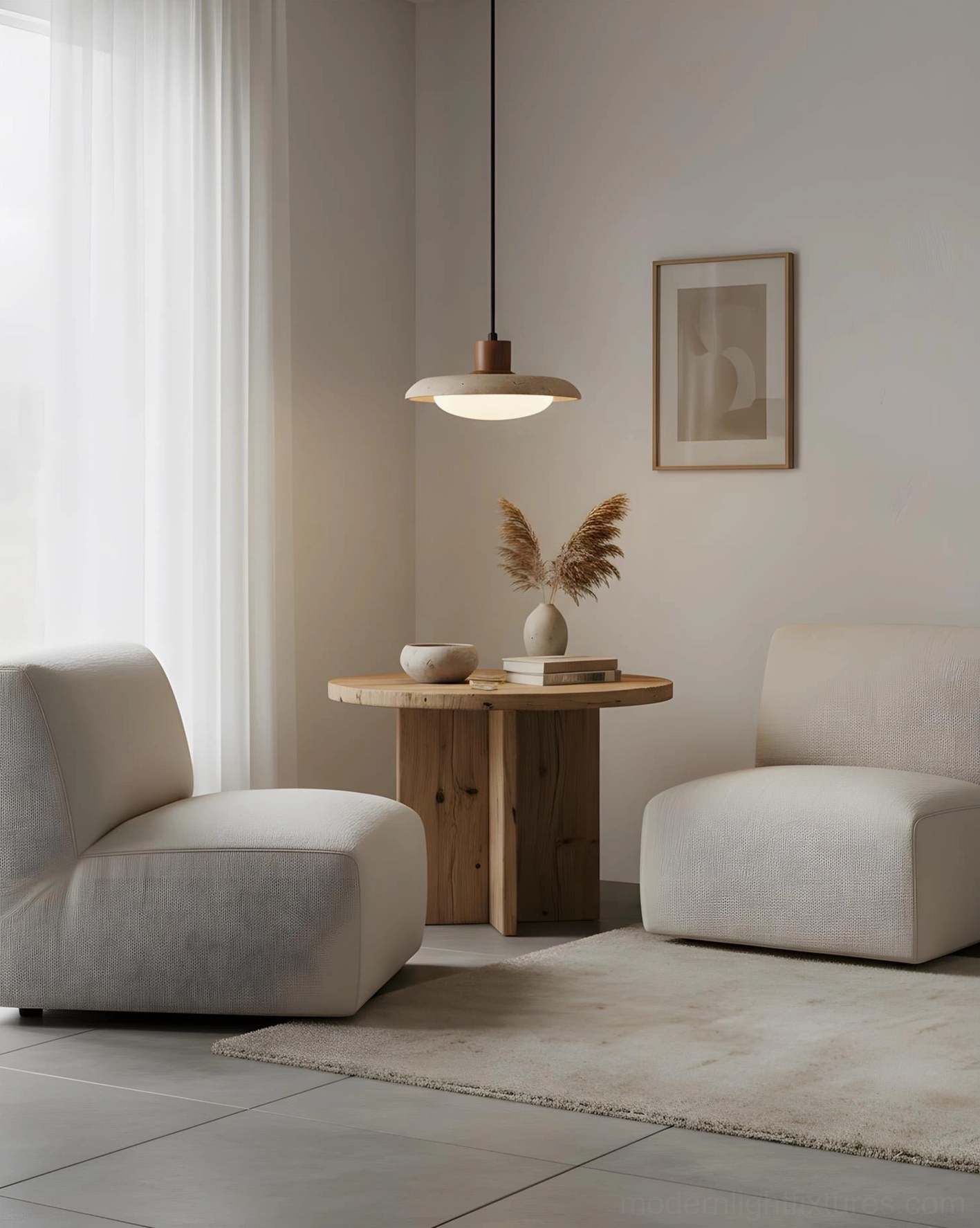 Travertine pendant light fixture detail showing wooden collar, travertine shade, and LED diffuser assembly
